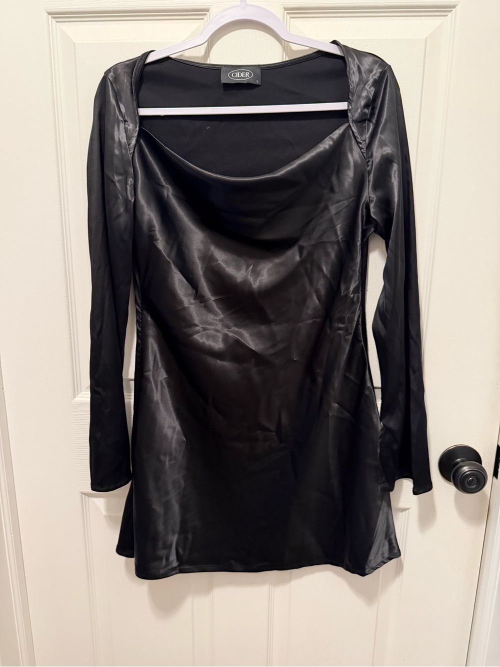 Cider Black Satin Cowl-Neck Long Sleeve Dress